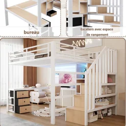 ModernLuxe Lit mezzanine 140x200 cm en fer - Compartiments de rangement - 4 tiroirs - LED - Bureau et escalier - Blanc (sans matelas)* Lit Mezzanine