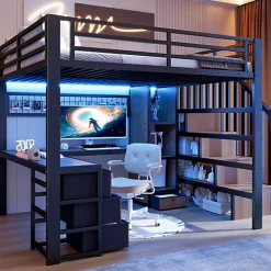 Lit mezzanine 140x200 cm en fer - Compartiments de rangement - 4 tiroirs - LED - Bureau et escalier - Noir (sans matelas)>ModernLuxe Hot