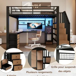 Lit mezzanine 140x200 cm en fer - Compartiments de rangement - 4 tiroirs - LED - Bureau et escalier - Noir (sans matelas)><noscript><img width=