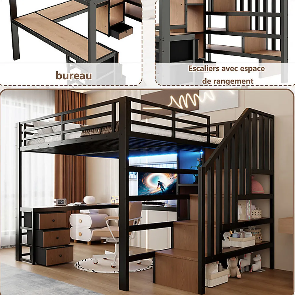 Lit mezzanine 140x200 cm en fer - Compartiments de rangement - 4 tiroirs - LED - Bureau et escalier - Noir (sans matelas)>ModernLuxe Hot