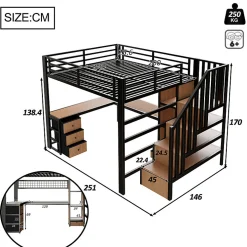 Lit mezzanine 140x200 cm en fer - Compartiments de rangement - 4 tiroirs - LED - Bureau et escalier - Noir (sans matelas)><noscript><img width=