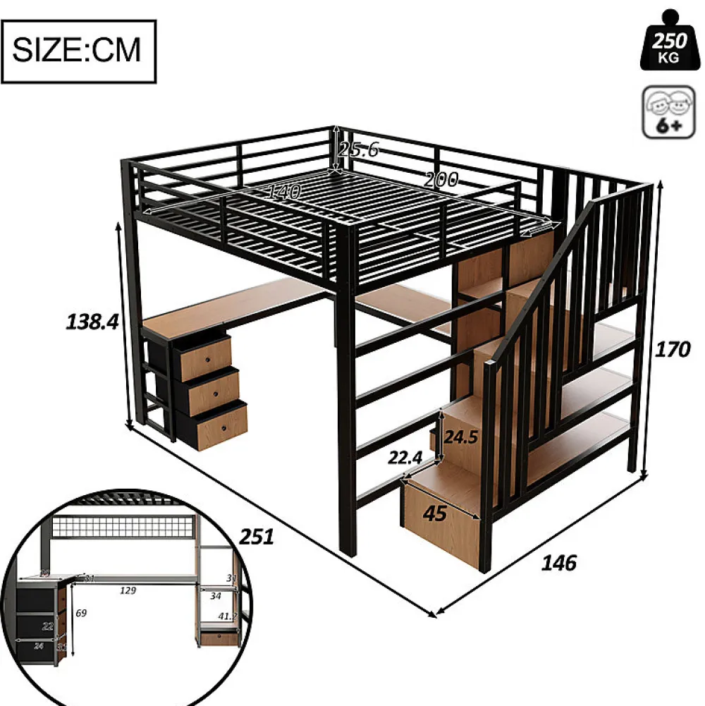 Lit mezzanine 140x200 cm en fer - Compartiments de rangement - 4 tiroirs - LED - Bureau et escalier - Noir (sans matelas)>ModernLuxe Hot