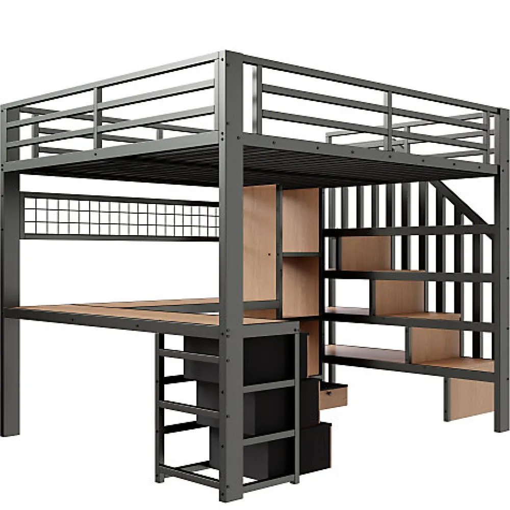 Lit mezzanine 140x200 cm en fer - Compartiments de rangement - 4 tiroirs - LED - Bureau et escalier - Noir (sans matelas)>ModernLuxe Hot