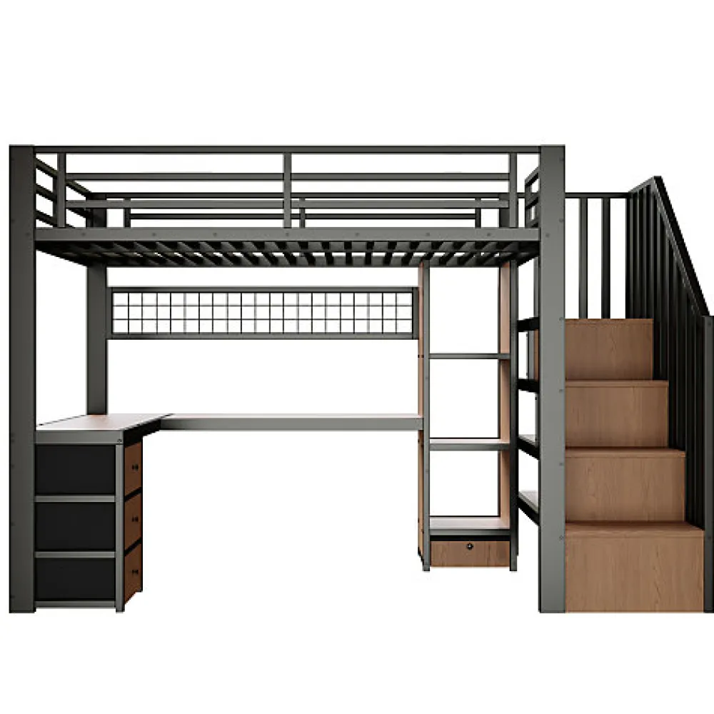 Lit mezzanine 140x200 cm en fer - Compartiments de rangement - 4 tiroirs - LED - Bureau et escalier - Noir (sans matelas)>ModernLuxe Hot