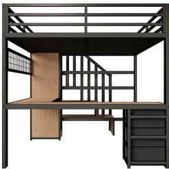 Lit mezzanine 140x200 cm en fer - Compartiments de rangement - 4 tiroirs - LED - Bureau et escalier - Noir (sans matelas)><noscript><img width=