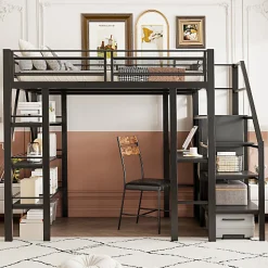 Lit mezzanine 140x200 cm en métal noir avec bureau armoire étagères et escalier de rangement sécurisé>Aapaas Best