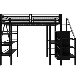 Lit mezzanine 140x200 cm en métal noir avec bureau armoire étagères et escalier de rangement sécurisé>Aapaas Best