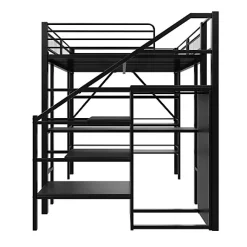 Lit mezzanine 140x200 cm en métal noir avec bureau armoire étagères et escalier de rangement sécurisé><noscript><img width=