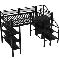 Lit mezzanine 140x200 cm en métal noir avec bureau armoire étagères et escalier de rangement sécurisé><noscript><img width=