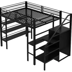 Lit mezzanine 140x200 cm en métal noir avec bureau armoire étagères et escalier de rangement sécurisé><noscript><img width=