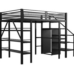 Lit mezzanine 140x200 cm en métal noir avec bureau armoire étagères et escalier de rangement sécurisé><noscript><img width=
