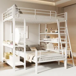 Lit mezzanine 140x200 cm en métal blanc avec étagères de rangement intégrées et structure multifonctionnelle>Aapaas New