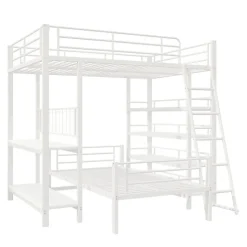 Lit mezzanine 140x200 cm en métal blanc avec étagères de rangement intégrées et structure multifonctionnelle>Aapaas New