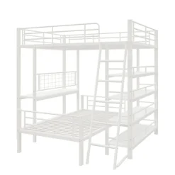 Lit mezzanine 140x200 cm en métal blanc avec étagères de rangement intégrées et structure multifonctionnelle><noscript><img width=