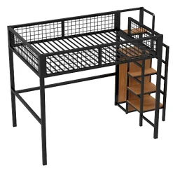 Aapaas Lit mezzanine 140x200 cm en métal noir avec échelle étagères et penderie ouverte pour enfant*Enfant Lit Enfant