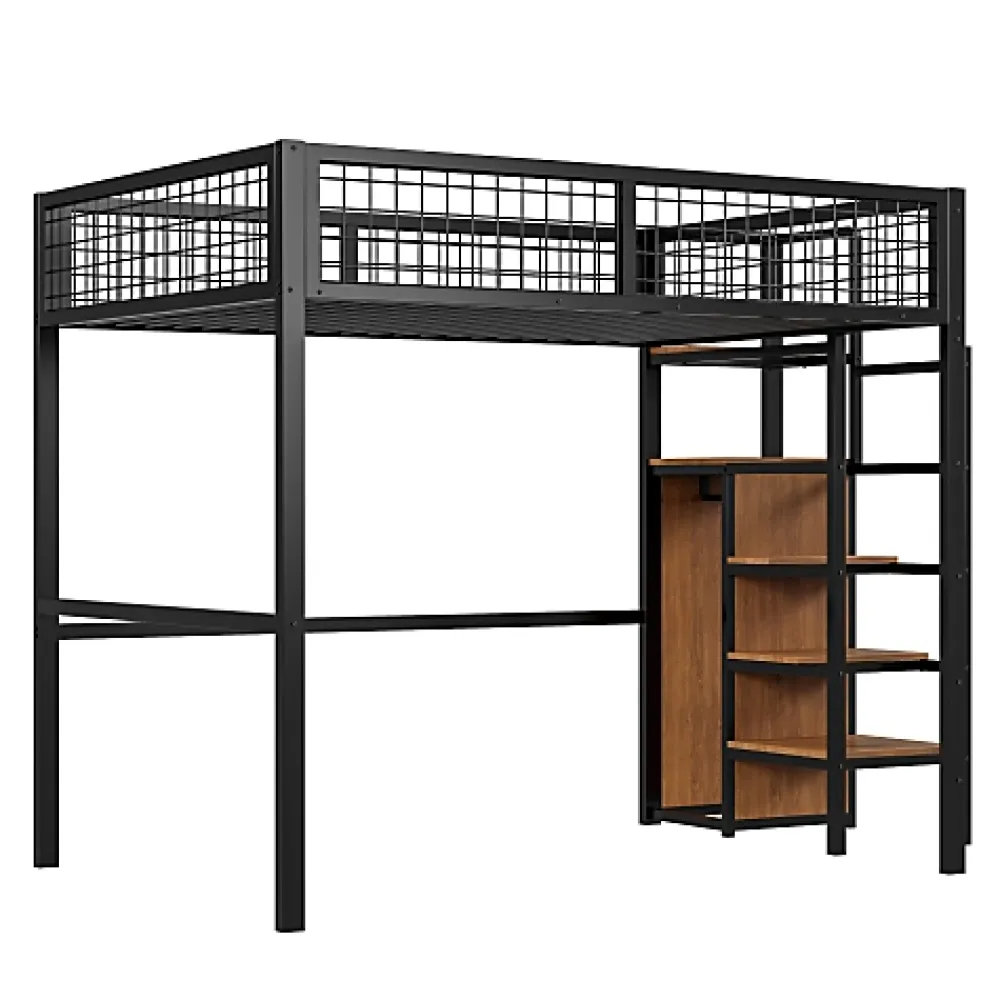 Aapaas Lit mezzanine 140x200 cm en métal noir avec échelle étagères et penderie ouverte pour enfant*Enfant Lit Enfant