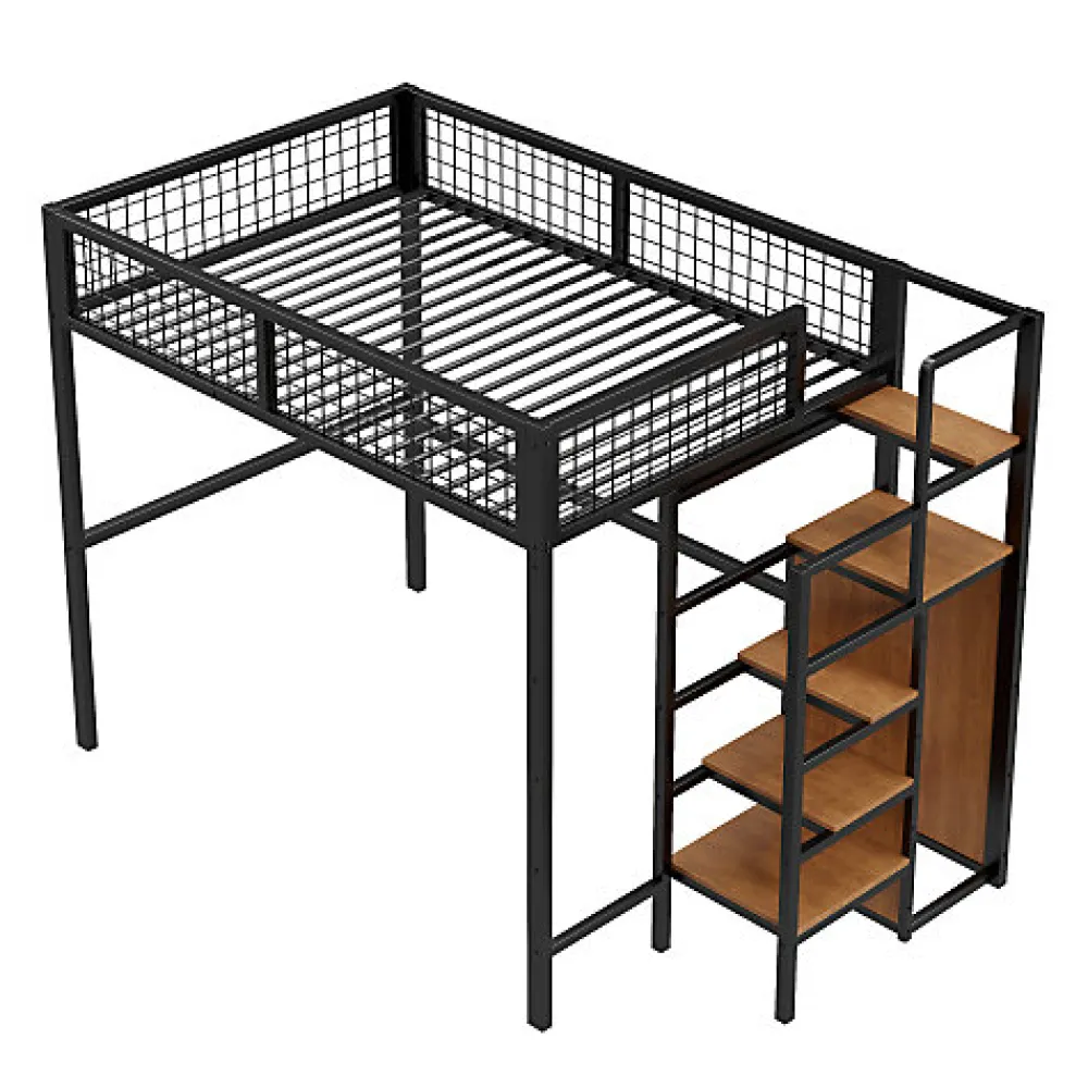 Aapaas Lit mezzanine 140x200 cm en métal noir avec échelle étagères et penderie ouverte pour enfant*Enfant Lit Enfant