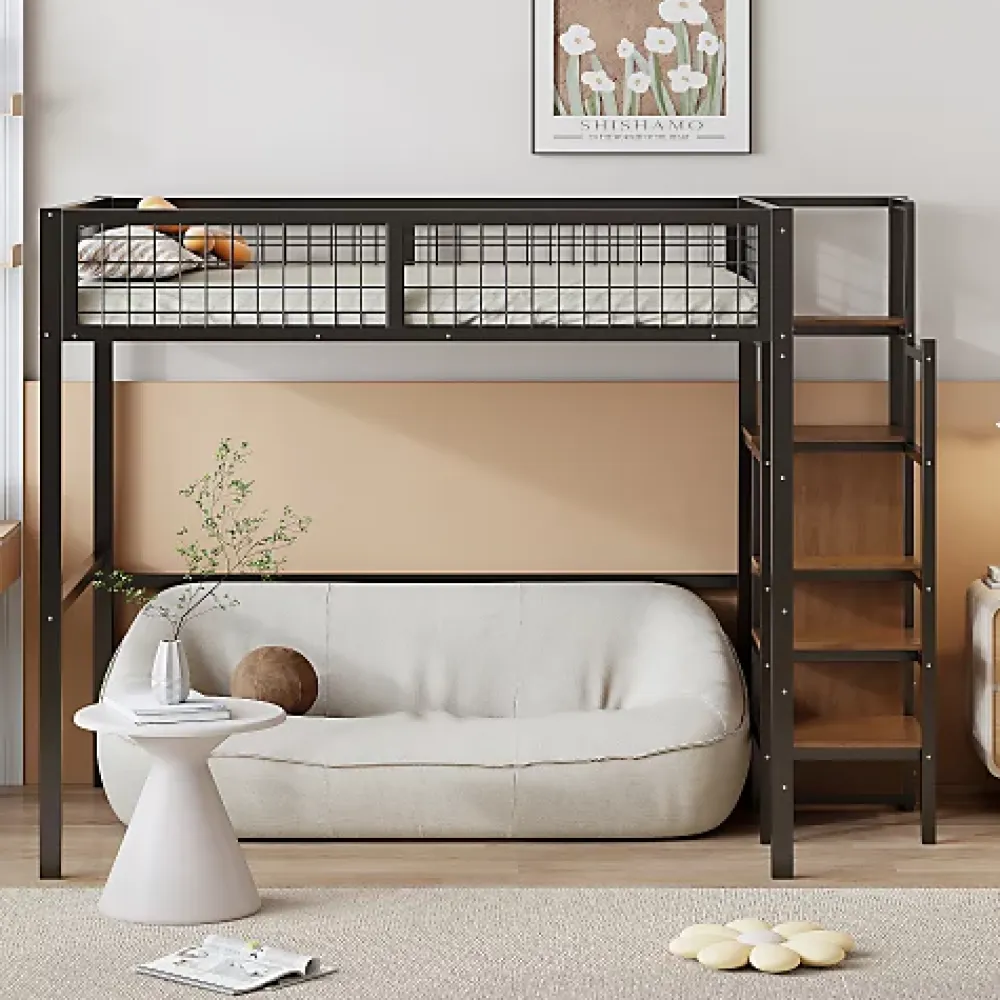 Aapaas Lit mezzanine 140x200 cm en métal noir avec échelle étagères et penderie ouverte pour enfant*Enfant Lit Enfant