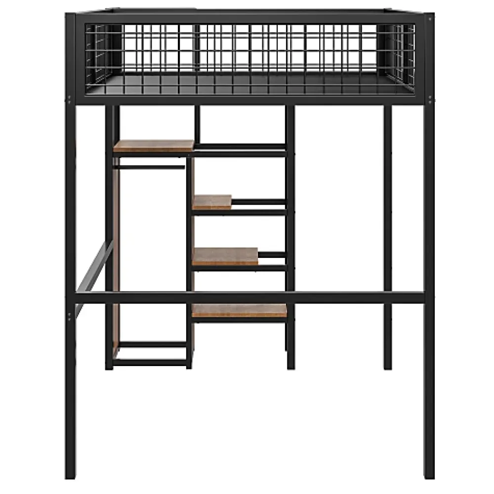 Aapaas Lit mezzanine 140x200 cm en métal noir avec échelle étagères et penderie ouverte pour enfant*Enfant Lit Enfant