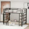 Lit mezzanine 140x200 cm en métal noir avec échelle sécurisée rangement étagères et penderie pour adolescent>Aapaas New