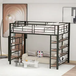 Lit mezzanine 140x200 cm en métal noir avec échelle sécurisée rangement étagères et penderie pour adolescent>Aapaas New
