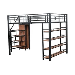 Lit mezzanine 140x200 cm en métal noir avec échelle sécurisée rangement étagères et penderie pour adolescent><noscript><img width=