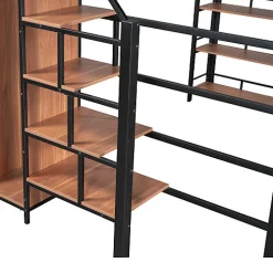 Lit mezzanine 140x200 cm en métal noir avec échelle sécurisée rangement étagères et penderie pour adolescent><noscript><img width=