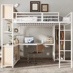 Lit Mezzanine 140x200 cm en Métal - Lit Double avec Bureau, Penderie et Rangements - Sans Matelas - Blanc><noscript><img width=