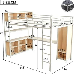 Lit Mezzanine 140x200 cm en Métal - Lit Double avec Bureau, Penderie et Rangements - Sans Matelas - Blanc><noscript><img width=