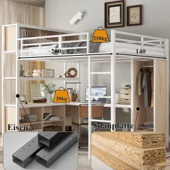 Lit Mezzanine 140x200 cm en Métal - Lit Double avec Bureau, Penderie et Rangements - Sans Matelas - Blanc><noscript><img width=