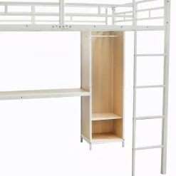 Lit Mezzanine 140x200 cm en Métal - Lit Double avec Bureau, Penderie et Rangements - Sans Matelas - Blanc><noscript><img width=
