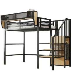 Aapaas Lit mezzanine 90x200 cm en métal noir avec échelle sécurisée et espace de rangement modulable*Enfant Lit Enfant