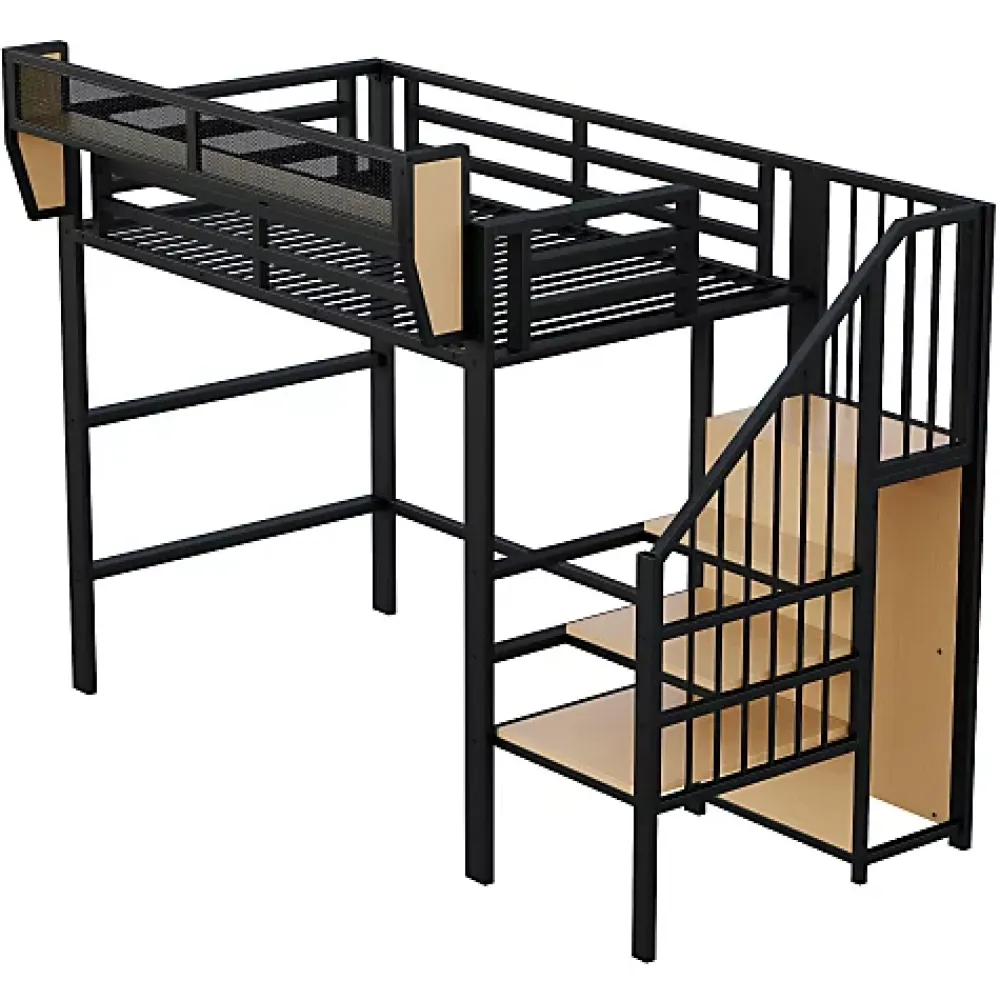 Aapaas Lit mezzanine 90x200 cm en métal noir avec échelle sécurisée et espace de rangement modulable*Enfant Lit Enfant