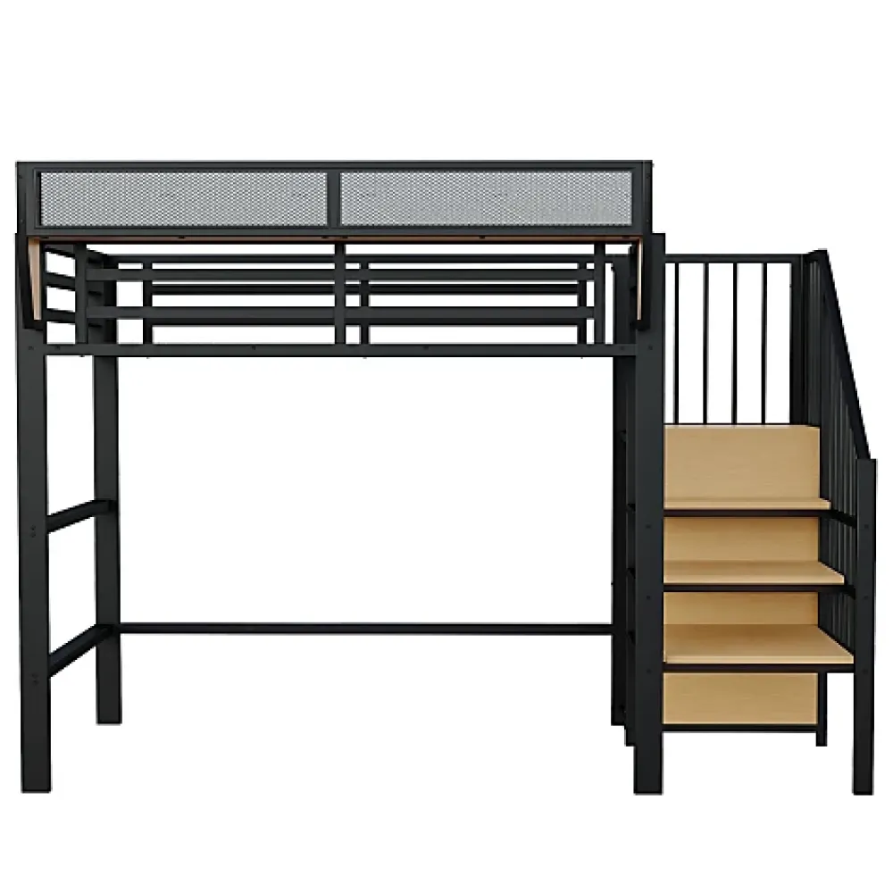 Aapaas Lit mezzanine 90x200 cm en métal noir avec échelle sécurisée et espace de rangement modulable*Enfant Lit Enfant