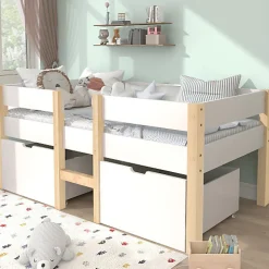 Lit mezzanine 90x190 cm en pin massif avec tiroirs - Blanc (sans matelas)>ModernLuxe Discount