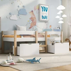 Lit mezzanine 90x190 cm en pin massif avec tiroirs - Blanc (sans matelas)><noscript><img width=