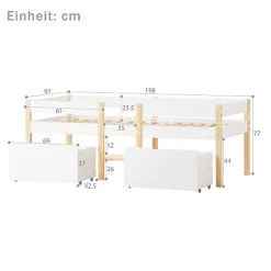 Lit mezzanine 90x190 cm en pin massif avec tiroirs - Blanc (sans matelas)><noscript><img width=