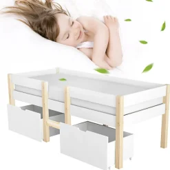 Lit mezzanine 90x190 cm en pin massif avec tiroirs - Blanc (sans matelas)><noscript><img width=