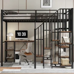 Okwish Lit Mezzanine 120x200 cm enfant, Bureau, Étagères et Rangement, Métal et Bois Vintage, Noir et Bois Vintage, Sans Matelas* Lit Mezzanine