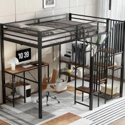 Okwish Lit Mezzanine 120x200 cm enfant, Bureau, Étagères et Rangement, Métal et Bois Vintage, Noir et Bois Vintage, Sans Matelas* Lit Mezzanine