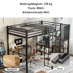 Okwish Lit Mezzanine 120x200 cm enfant, Bureau, Étagères et Rangement, Métal et Bois Vintage, Noir et Bois Vintage, Sans Matelas* Lit Mezzanine