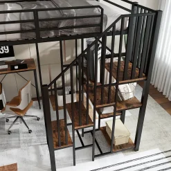 Okwish Lit Mezzanine 120x200 cm enfant, Bureau, Étagères et Rangement, Métal et Bois Vintage, Noir et Bois Vintage, Sans Matelas* Lit Mezzanine
