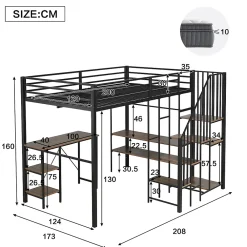 Okwish Lit Mezzanine 120x200 cm enfant, Bureau, Étagères et Rangement, Métal et Bois Vintage, Noir et Bois Vintage, Sans Matelas* Lit Mezzanine