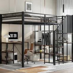 Okwish Lit Mezzanine 120x200 cm enfant, Bureau, Étagères et Rangement, Métal et Bois Vintage, Noir et Bois Vintage, Sans Matelas* Lit Mezzanine