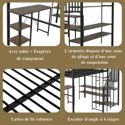 Okwish Lit Mezzanine 120x200 cm enfant, Bureau, Étagères et Rangement, Métal et Bois Vintage, Noir et Bois Vintage, Sans Matelas* Lit Mezzanine