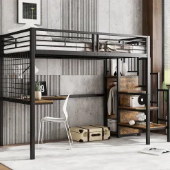 Lit mezzanine 90x200 cm enfant métal avec bureau et armoire intégrée, échelle sécurisée, blanc et naturel sans matelas>Okwish Online