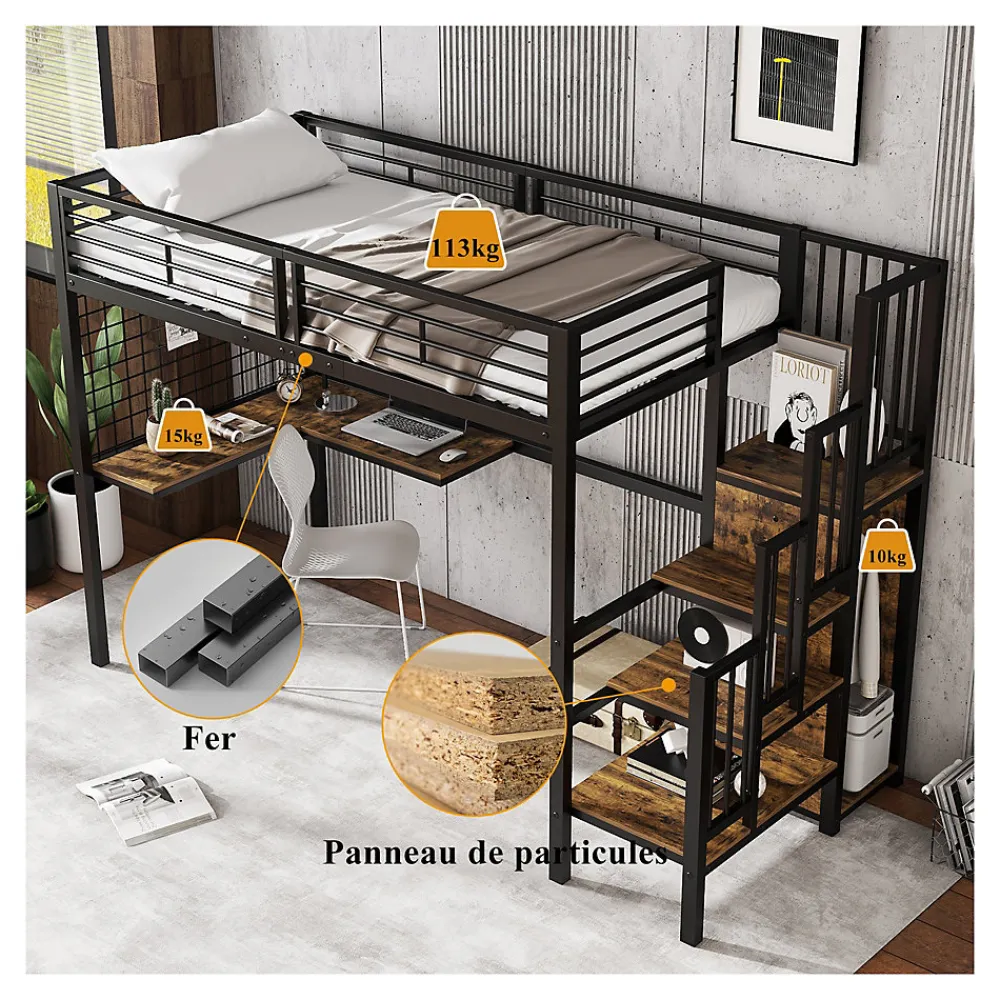 Lit mezzanine 90x200 cm enfant métal avec bureau et armoire intégrée, échelle sécurisée, blanc et naturel sans matelas>Okwish Online