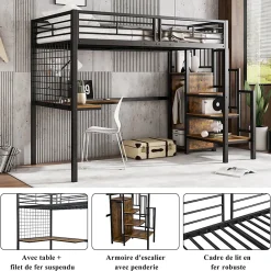 Lit mezzanine 90x200 cm enfant métal avec bureau et armoire intégrée, échelle sécurisée, blanc et naturel sans matelas><noscript><img width=
