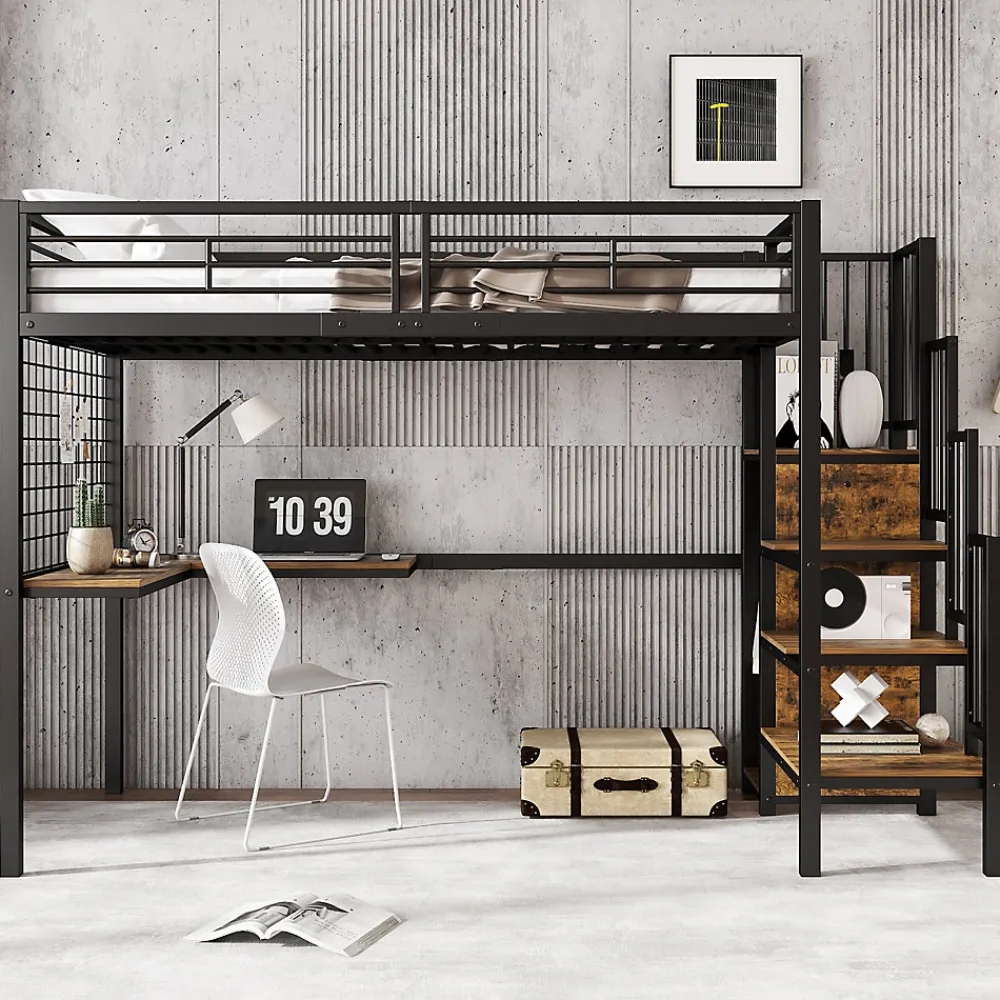 Lit mezzanine 90x200 cm enfant métal avec bureau et armoire intégrée, échelle sécurisée, blanc et naturel sans matelas>Okwish Online