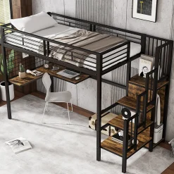 Lit mezzanine 90x200 cm enfant métal avec bureau et armoire intégrée, échelle sécurisée, blanc et naturel sans matelas><noscript><img width=
